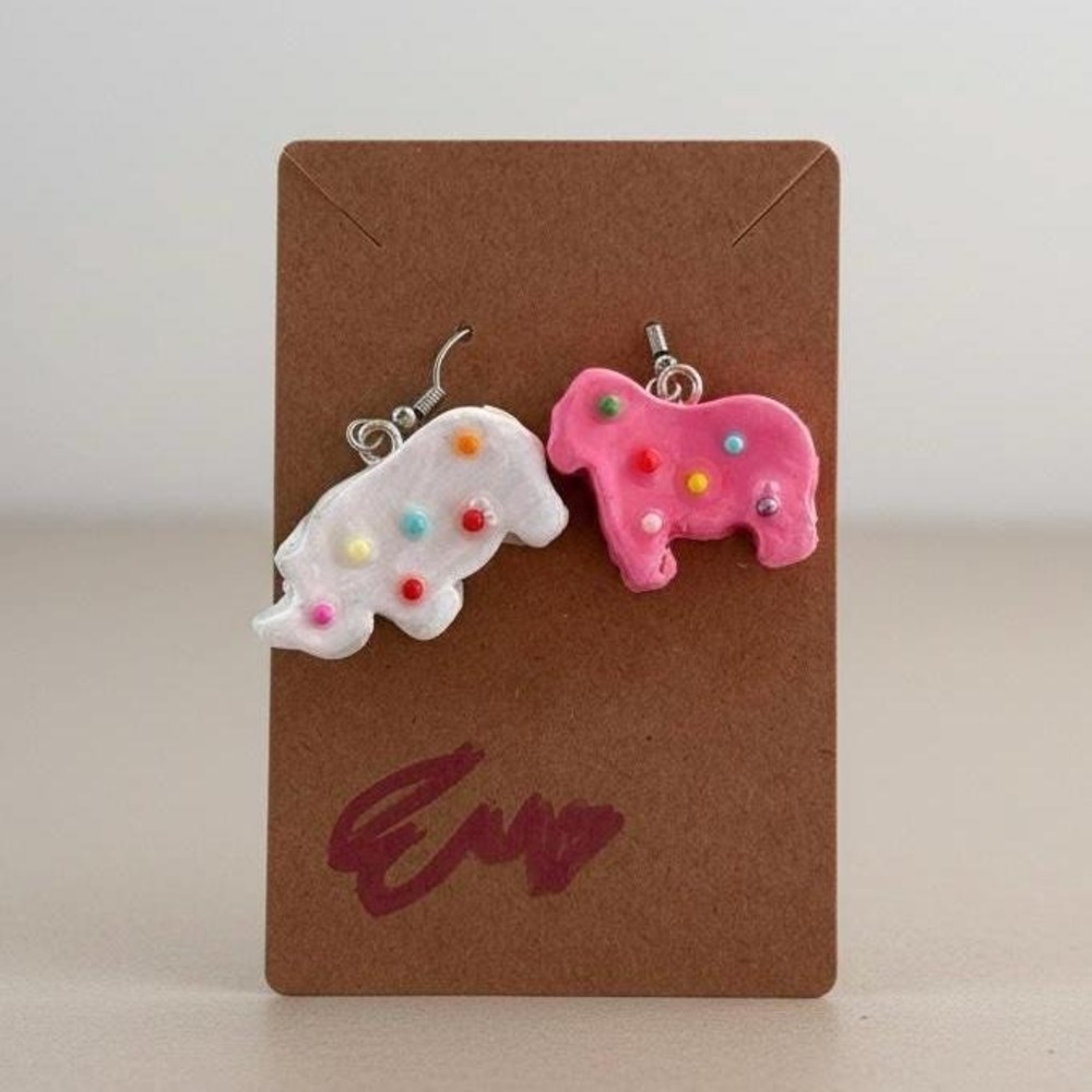 Handmade Circus Animal Frosted Cookie Earrings: Pink Clay Jewelry